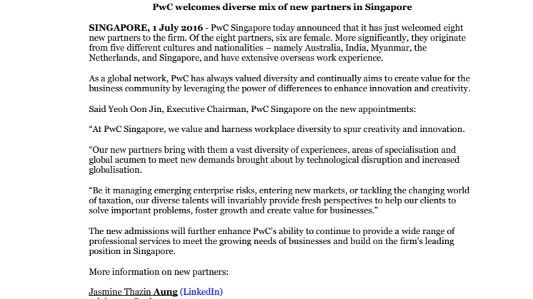 PwC welcomes diverse mix of new partners in Singapore