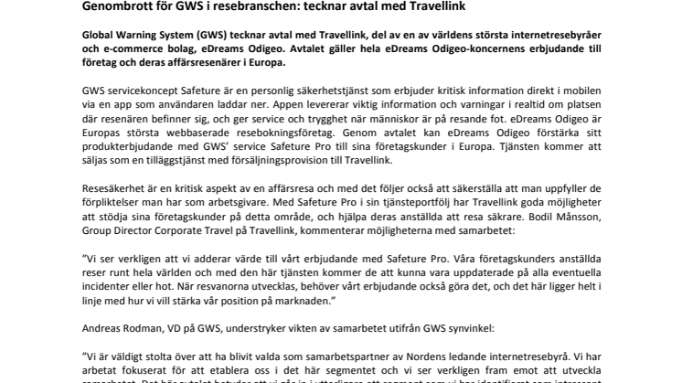 Genombrott för GWS i resebranschen: tecknar avtal med Travellink