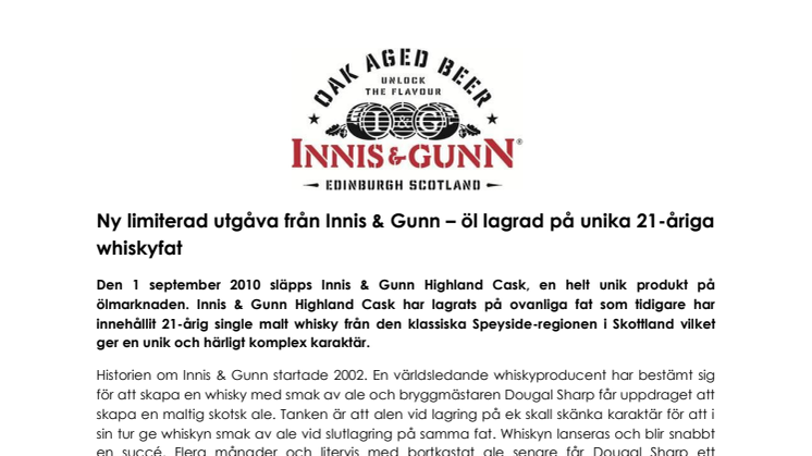 Ny limiterad utgåva från Innis & Gunn – öl lagrad på unika 21-åriga whiskyfat