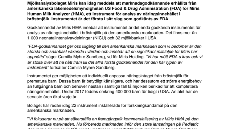 Genombrott för svenska Miris – FDA godkänner Miris Human Milk Analyzer™ i USA