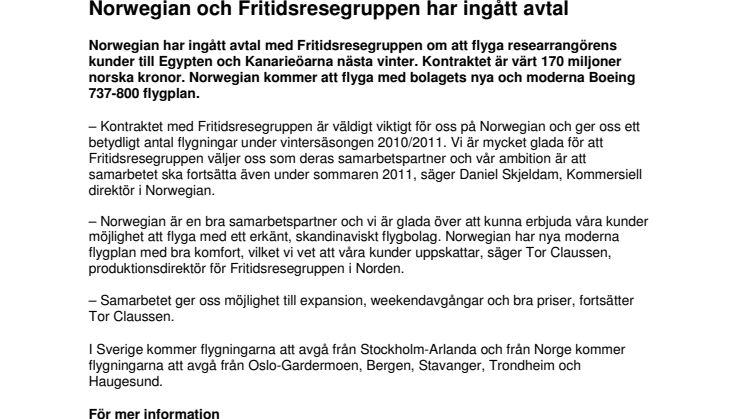 Norwegian och Fritidsresegruppen har ingått avtal 