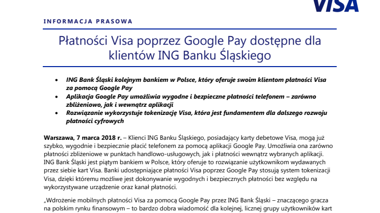 Płatności Visa poprzez Google Pay dostępne dla klientów ING Banku Śląskiego