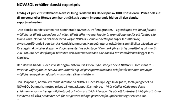 NOVASOL erhåller danskt exportpris
