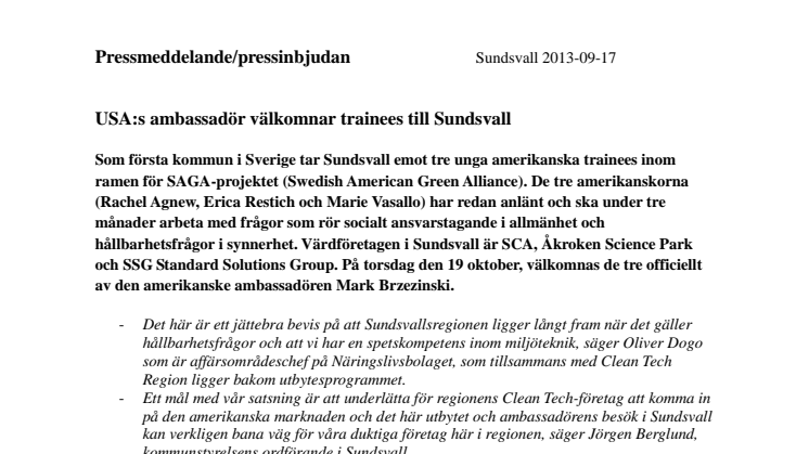 USA:s ambassadör välkomnar trainees till Sundsvall 