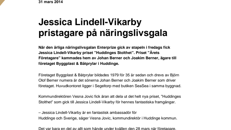 Jessica Lindell-Vikarby pristagare på näringslivsgala