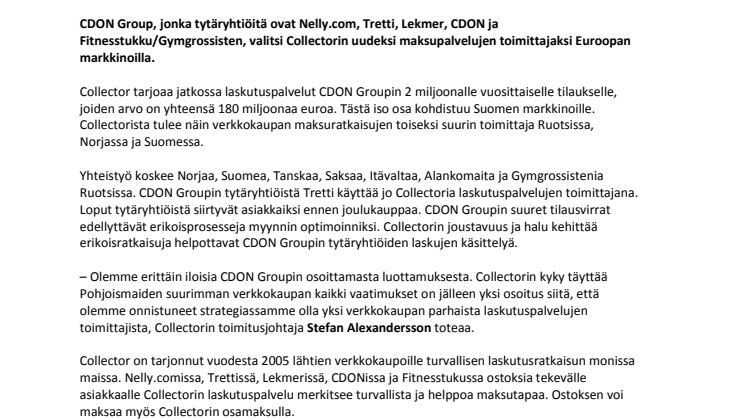 CDON Group valitsi Collectorin uudeksi laskutuspalvelujen toimittajaksi