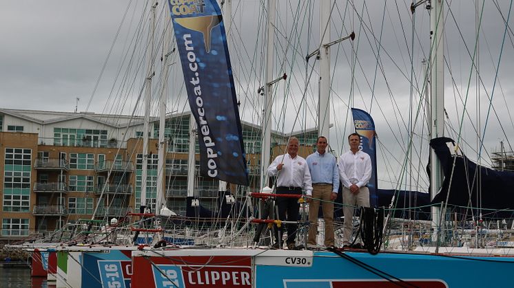 Coppercoat's Ewan Clark and Jason Kenny with Clipper's Head of Fleet Maintenance, Simon Johnston.