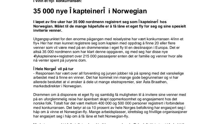 "Vinn et fly"-konkurransen: 35 000 nye "kapteiner" i Norwegian