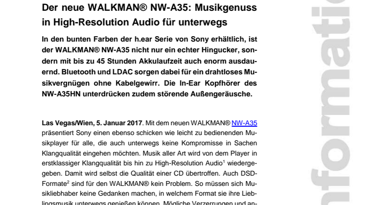 Der neue WALKMAN NW-A35: Musikgenuss in High-Resolution Audio für unterwegs