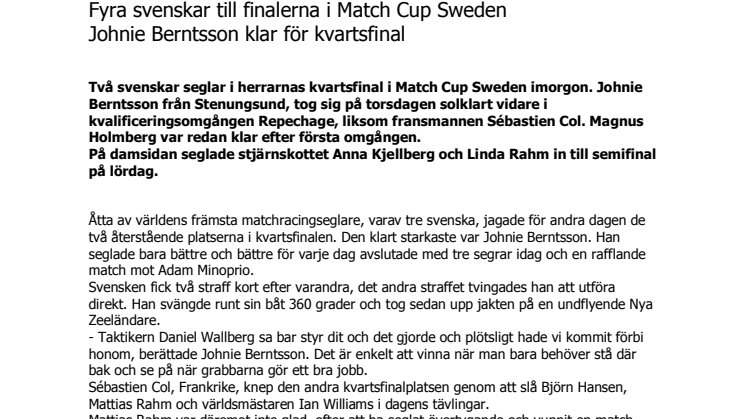 Fyra svenskar till finalerna i Match Cup Sweden, Johnie Berntsson klar för kvartsfinal