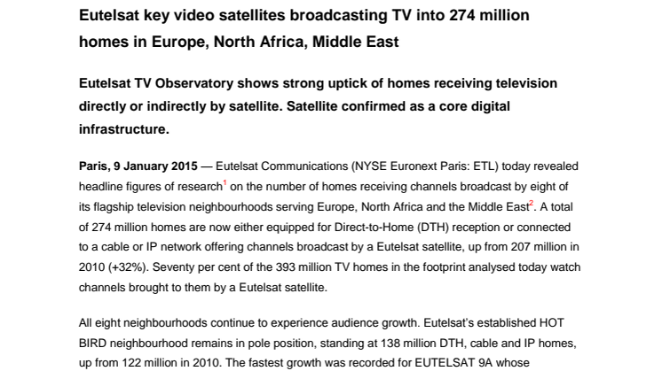 Eutelsat key video satellites broadcasting TV into 274 million homes in Europe, North Africa, Middle East