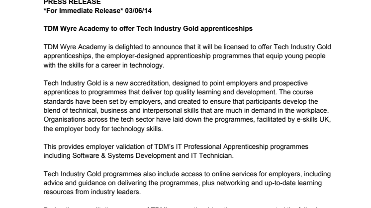 TDM Wyre Academy to offer Tech Industry Gold apprenticeships