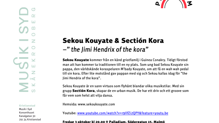 Sekou Kouyate & Sectión Kora –” the Jimi Hendrix of the kora” på Palladium 3 oktober kl 20
