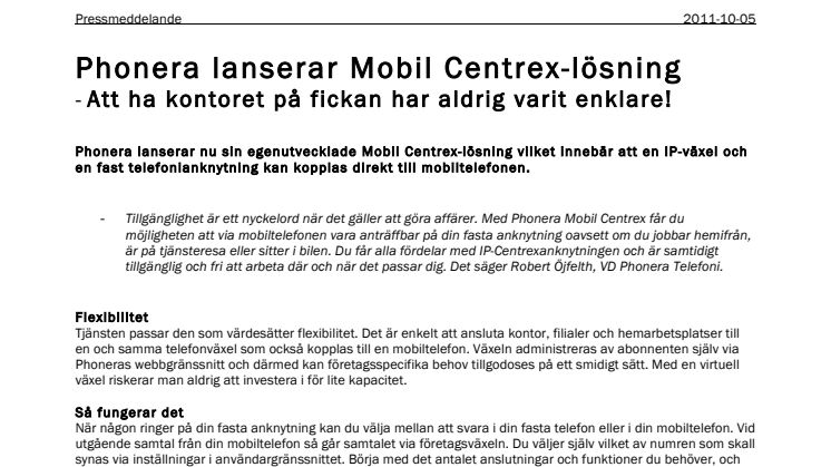 Phonera lanserar Mobil Centrex-lösning