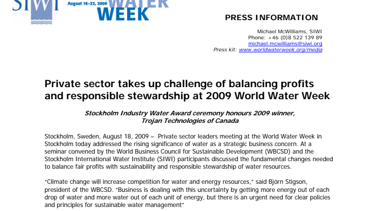 Private sector takes up challenge of balancing profits and responsible stewardship at 2009 World Water Week