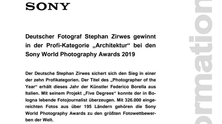 Deutscher Fotograf Stephan Zirwes gewinnt in der Profi-Kategorie „Architektur“ bei den Sony World Photography Awards 2019