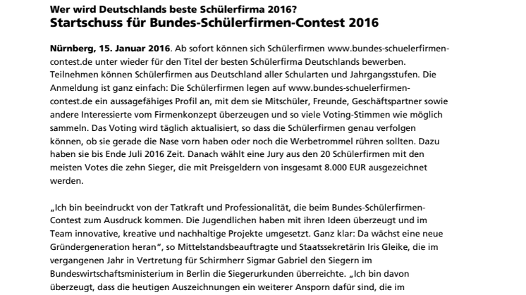 Startschuss für Bundes-Schülerfirmen-Contest 2016
