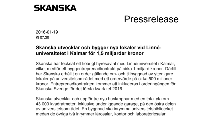 Skanska utvecklar och bygger nya lokaler vid Linnéuniversitetet i Kalmar för 1,5 miljarder kronor