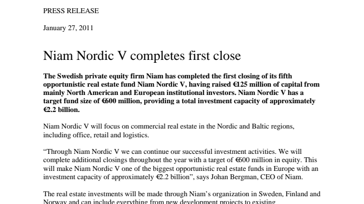 Niam Nordic V completes first close 