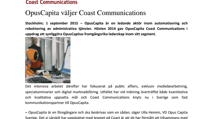 OpusCapita väljer Coast Communications