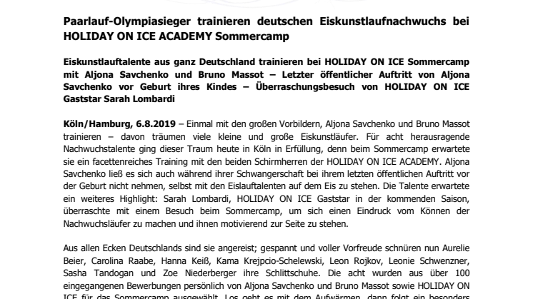 Paarlauf-Olympiasieger trainieren deutschen Eiskunstlaufnachwuchs bei HOLIDAY ON ICE ACADEMY Sommercamp 