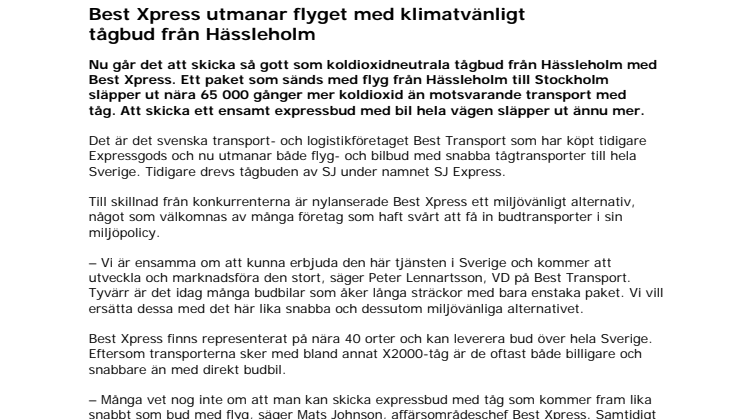Best Xpress utmanar flyget med klimatvänligt tågbud från Hässleholm