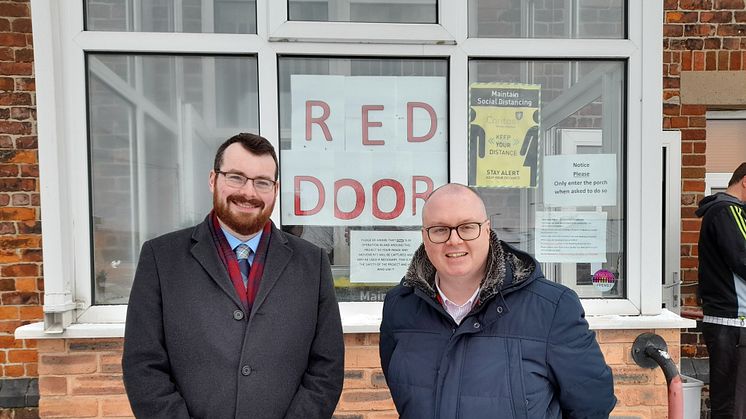 Council leader Eamonn O’Brien at the Caritas Red Door project in Bury with Caritas director Patrick O’Dowd.