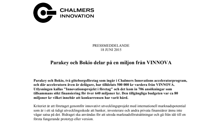 Parakey och Bokio delar på en miljon från VINNOVA