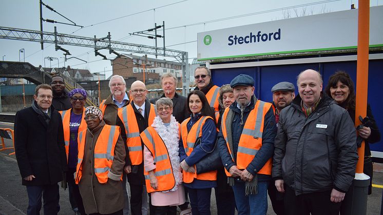 West Midlands Mayor, Andy Street with a local poetry group and station adopters at Stechford station