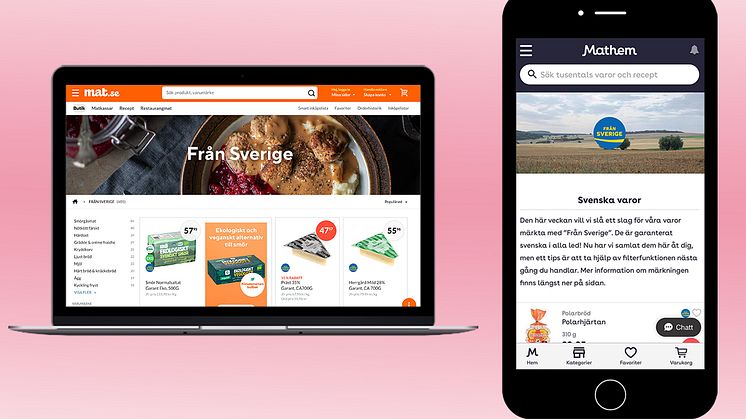 Mat.se och Mathem har tagit initiativ för att göra det enkelt att hitta Från Sverige-märkta varor i online-butikerna. Med tydligt ursprungsmärke vid produkten och sortering är det enkelt att hitta och välja Från Sverige-märkta varor. 