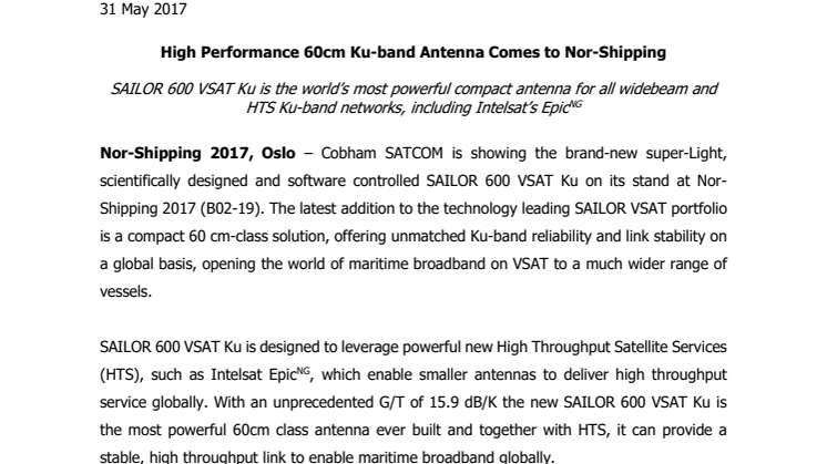 Cobham SATCOM (Nor-Shipping): ​High Performance 60cm Ku-band Antenna Comes to Nor-Shipping