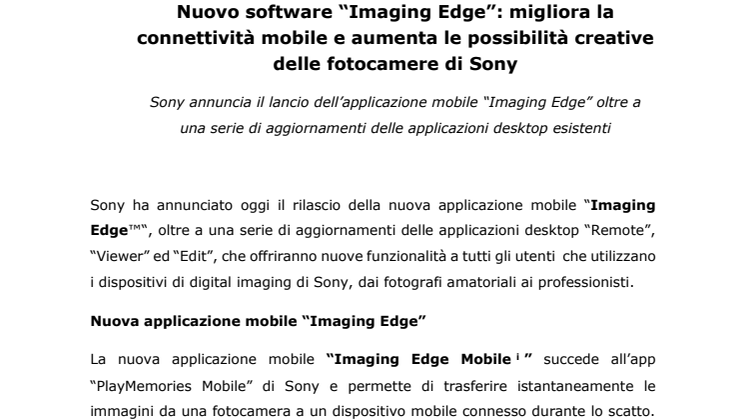 Nuovo software “Imaging Edge”: migliora la connettività mobile e aumenta le possibilità creative delle fotocamere di Sony 