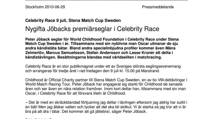 Nygifta Jöbacks premiärseglar i Celebrity Race - Stena Match Cup Sweden, 9 juli