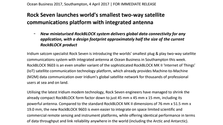 Rock Seven - Ocean Business 2017: Rock Seven launches world's smallest two-way satellite communications platform with integrated antenna