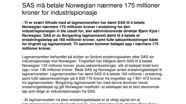 SAS må betale Norwegian nærmere 175 millioner kroner for industrispionasje