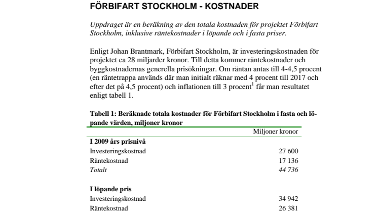 Kostnadsberäkning av Förbifart Stockholm av Riksdagens utredningstjänst