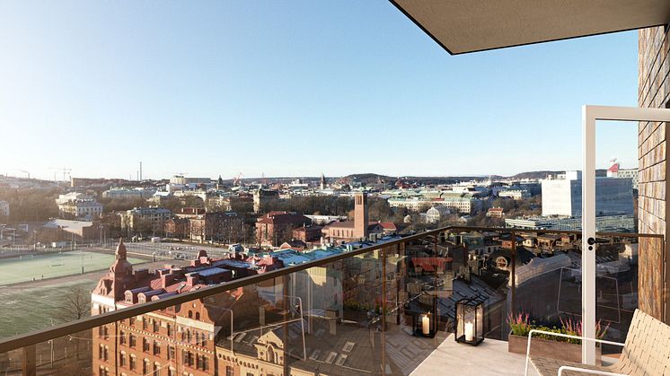 Huskroppen byggs i olika volymer med som högst 19 våningar och flera får en fantastisk utsikt över Heden och Göteborg. Bild: Lindberg Stenberg Arkitekter AB