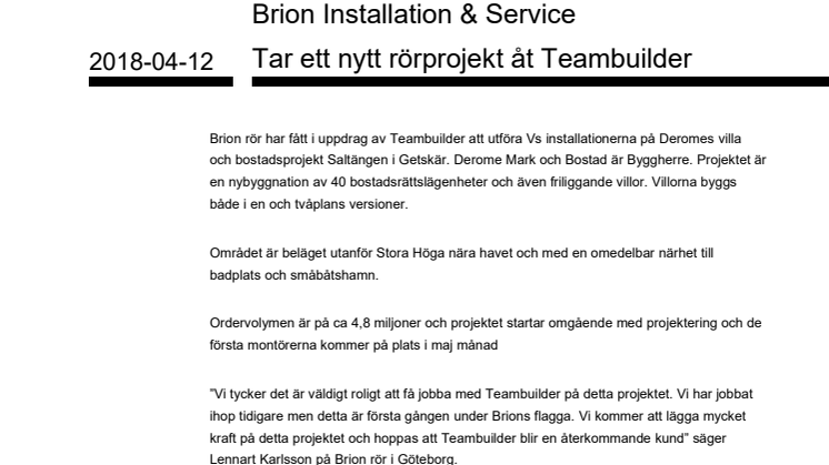 Brion Installation & Service Tar ett nytt rörprojekt åt Teambuilder