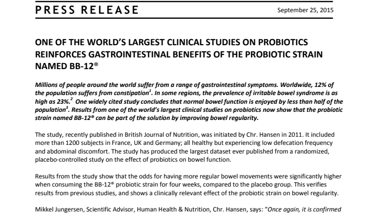 One of the world's largest clinical studies on probiotics reinforces significant gastrointestinal benefits of the probiotic strain named BB-12®
