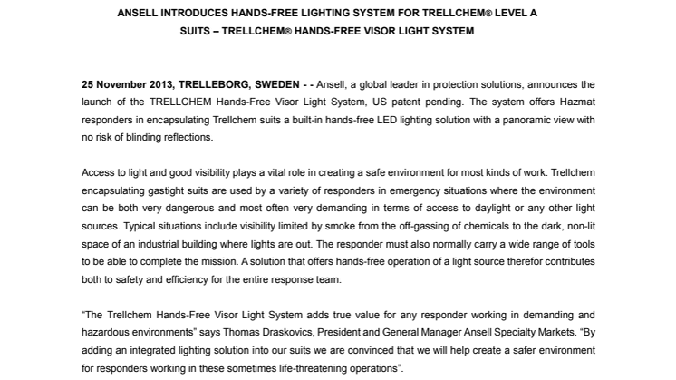 Ansell introduces hands-free lighting system for TRELLCHEM® Level A Suits