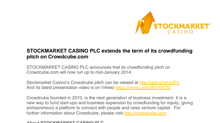 STOCKMARKET CASINO PLC extends the term of its crowdfunding pitch on Crowdcube.com 