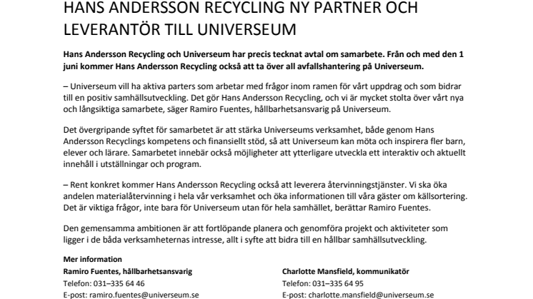 Hans Andersson Recycling ny partner och leverantör till Universeum