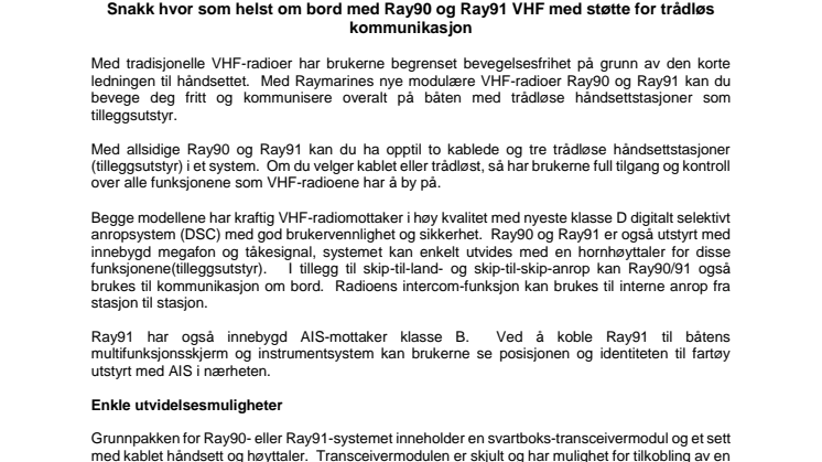 Raymarine: Snakk hvor som helst om bord med Ray90 og Ray91 VHF med støtte for trådløs kommunikasjon