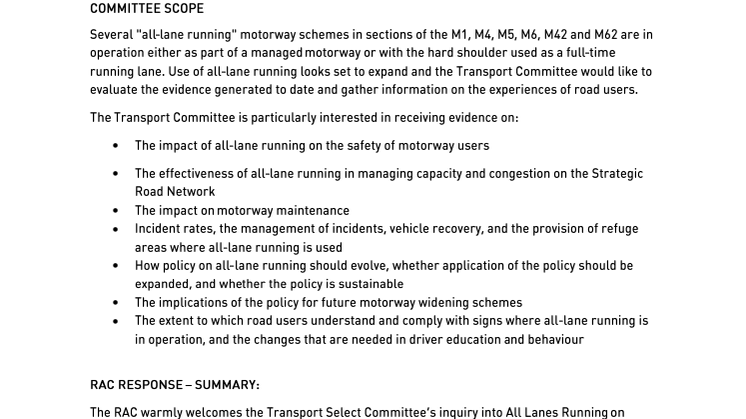 RAC submission to the Transport Select Committee inquiry into all lane running