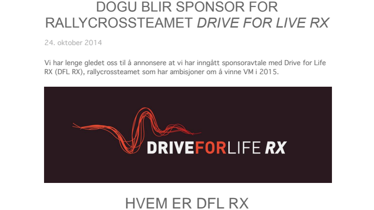 Dogu blir sponsor for rallycrossteamet Drive for Life RX