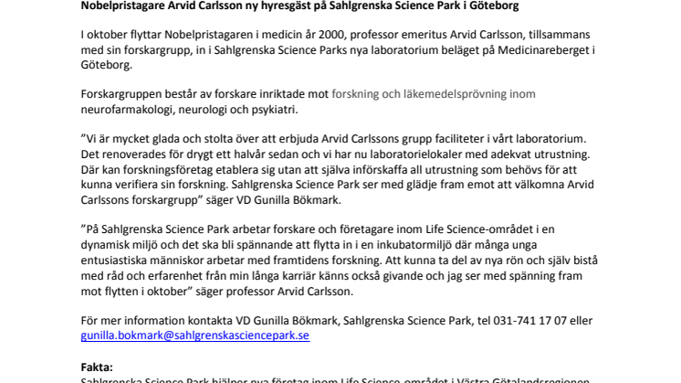 Nobelpristagare Arvid Carlsson flyttar in i Sahlgrenska Science Park i Göteborg