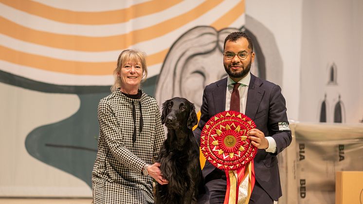 Best in Show på Stockholm Hundmässa Almanza King Of The Castle med ägare Carina Lundeklev och handler Patrick Oware. Foto: Jenny Jurnelius.