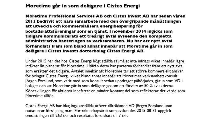 Moretime går in som delägare i Cistes Energi