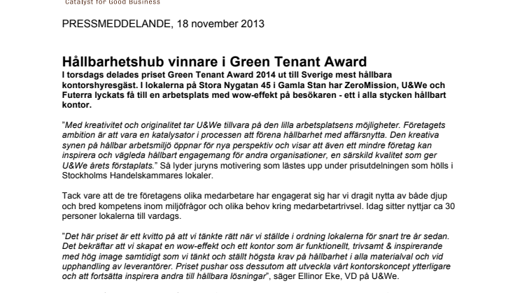 Hållbarhetshub vinnare i Green Tenant Award