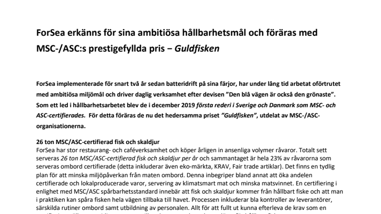 ForSea erkänns för sina ambitiösa hållbarhetsmål och föräras med MSC-/ASC:s prestigefyllda pris − Guldfisken